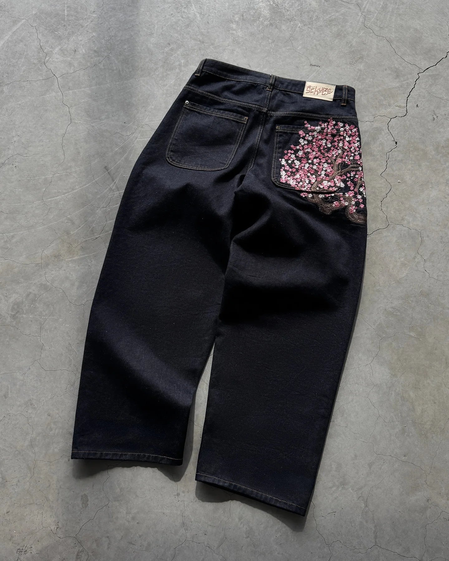 Y2k Vintage Baggy Fallen Knight Cherry Blossom Embroidery Jeans Men Women Fashion Straight Wide-leg Denim Pants Streetwear Jean