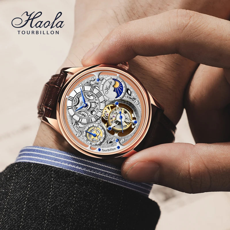 Haofa GMT Flying Tourbillon Mechanical Man Watch Skeleton Tourbillon Movement Luxury Moon Phase Watches for man Hollow 1035