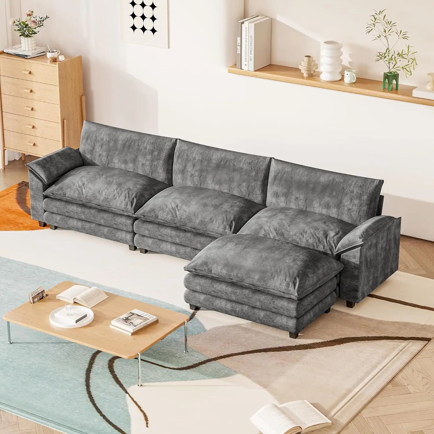 119 Modular Sectional Sofa with Reversible Ottoman Deep Seat Chenille for Living Room, Custom