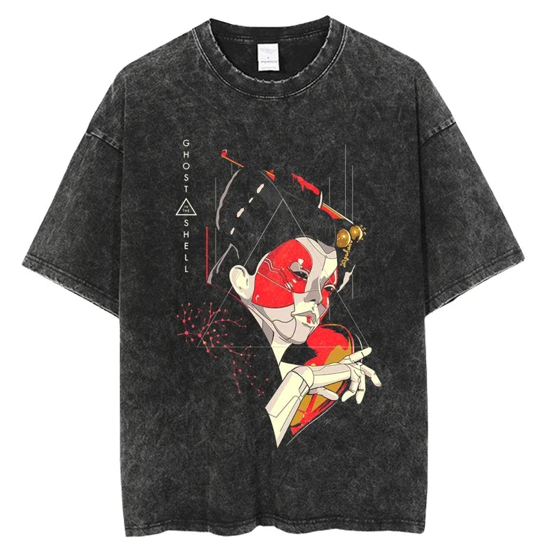 2024 Anime Ghost in the Shell Washed T-shirts Mens Clothing Graphic Manga Harajuku Tees Unisex Summer Top Male Streetwear