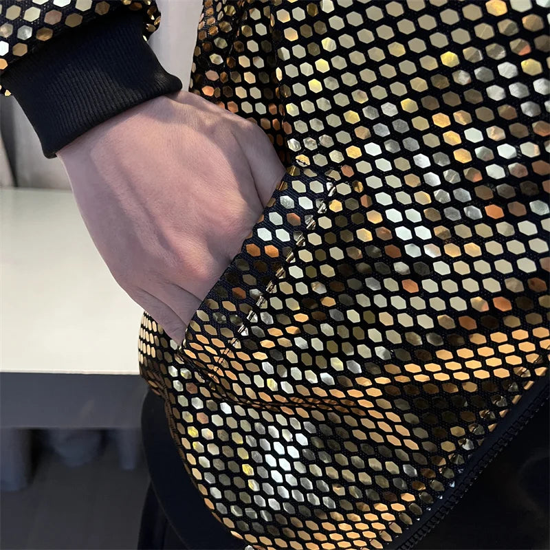 Y2K Men's Streetwear Night Club Stage Thin Motorcycle Jackets Fashion Men Hip Hop Sequined Bombers Jacket Coat Fashion Clothing