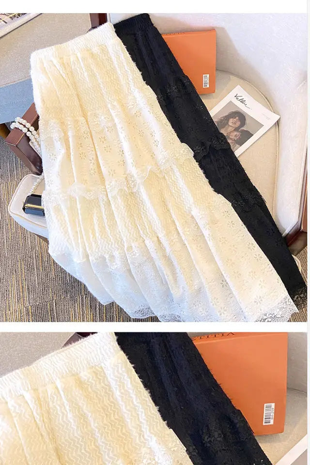 Lace Skirts Women French Style Ankle-length High Elastic Waist Hollow Out Patchwork New Loose Slim Korean  A-line Sweet Fit