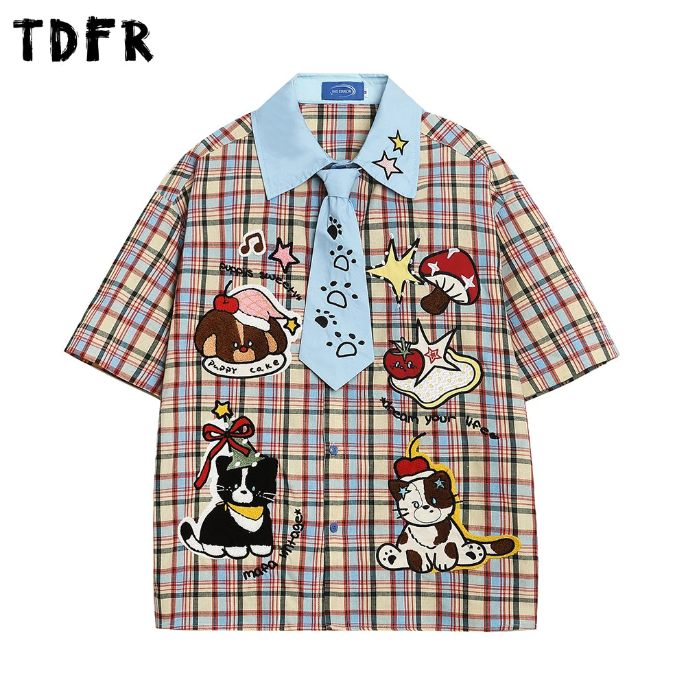 Cartoon Embroidery Short Sleeve Checked Shirt Mens Summer Retro Casual Spliced Lapel Single Breasted Half-Sleeve Plaid Shirts