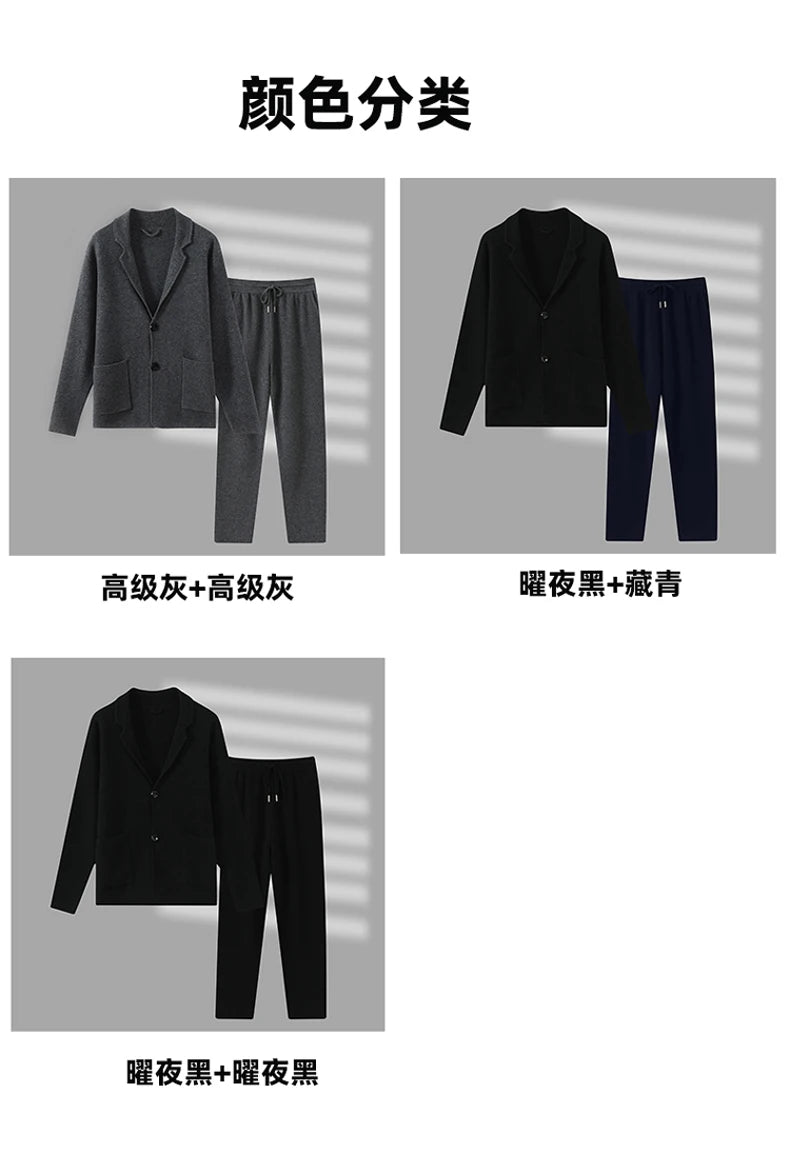 100%Cashmere Suit Men's Suit Collar Knitted Cardigan Business Casual Coat High Waisted Knitted Shorts Winter Thick Two-piece Set