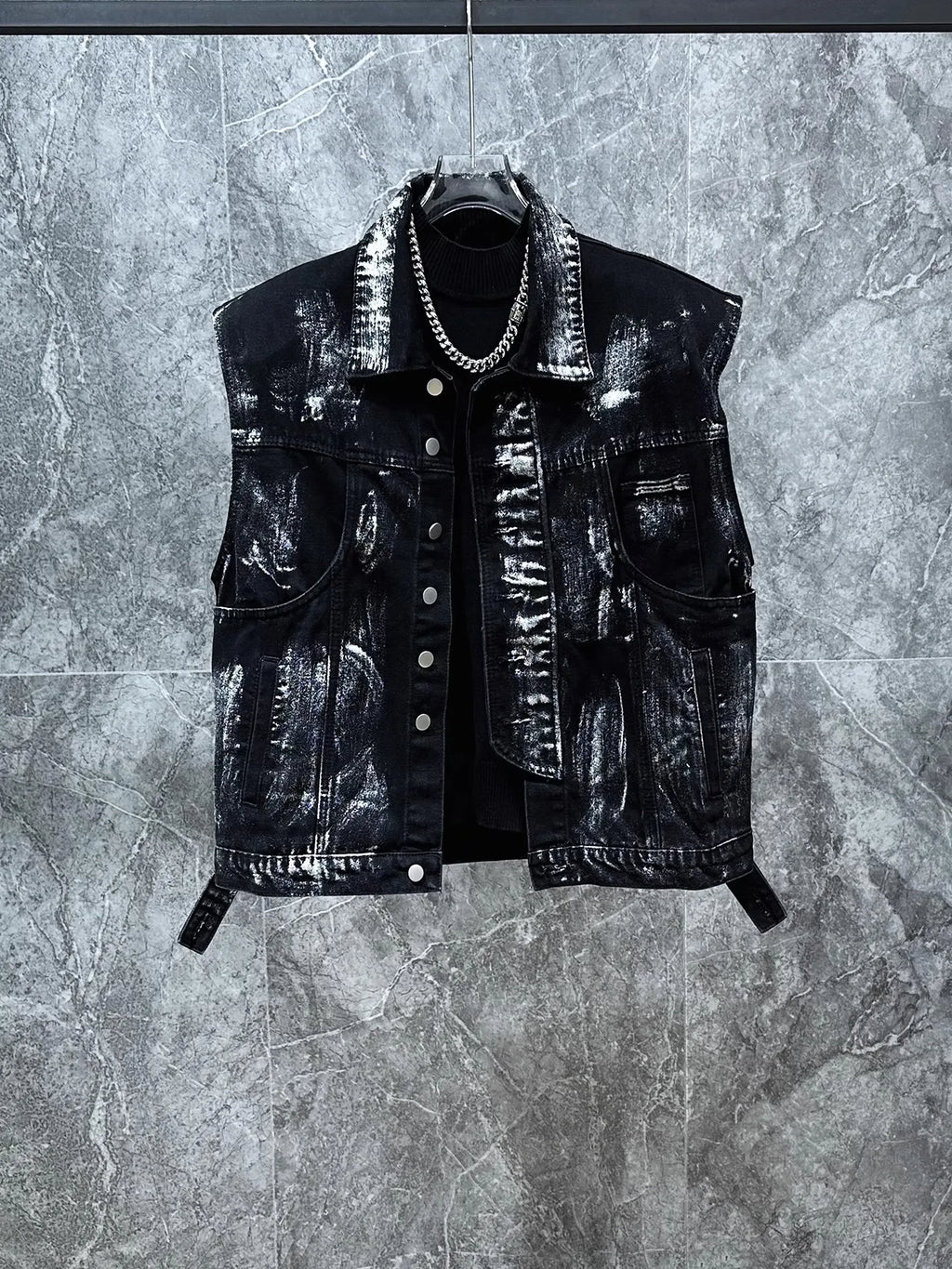 Men's Ripped Jeans Two-piece Set Splashed Ink Vest Jacket Straight Leg Pants American Fashion Autumn High Street Male Denim Sets