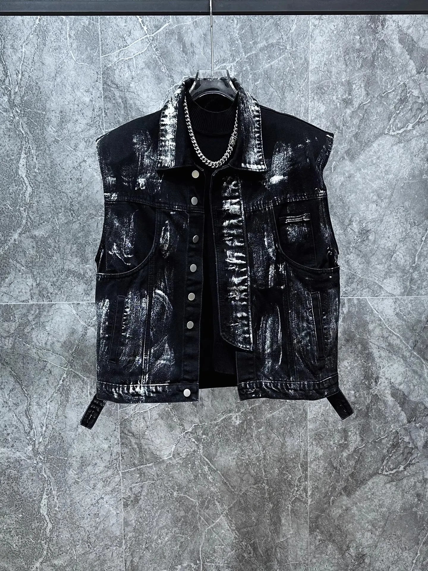 Men's Ripped Jeans Two-piece Set Splashed Ink Vest Jacket Straight Leg Pants American Fashion Autumn High Street Male Denim Sets