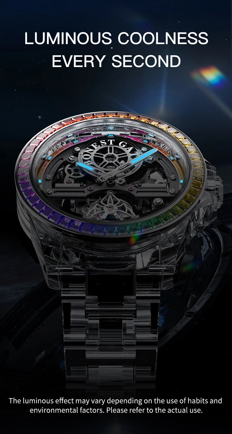 BONEST GATTI Luxury Skeleton Tourbillon Watch for Men K9 Crystal Case with Rainbow Bezel Automatic Mechanical Wristwatch