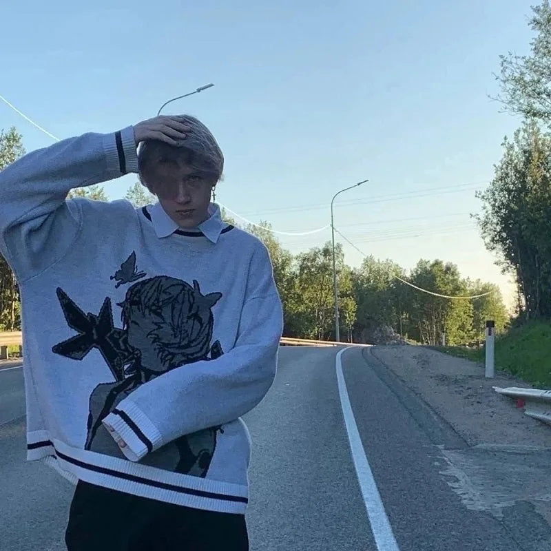 Europe and America 2025 New Round Neck Anime Printing Trend Lazy Fashion Men's Winter Sweater Wholesale