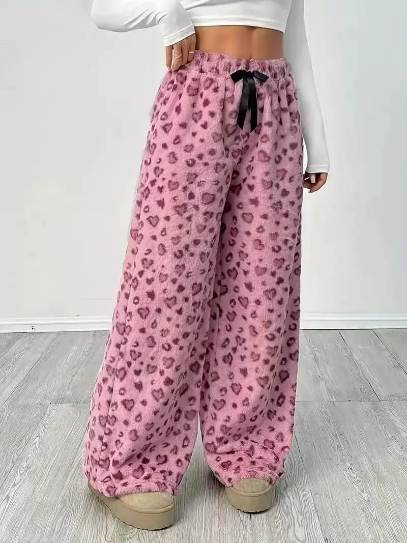 Women Casual Trousers Elastic Waistband Drawstring Tie Pajama Bottoms Leopard Print Wide Leg Lounge Pants