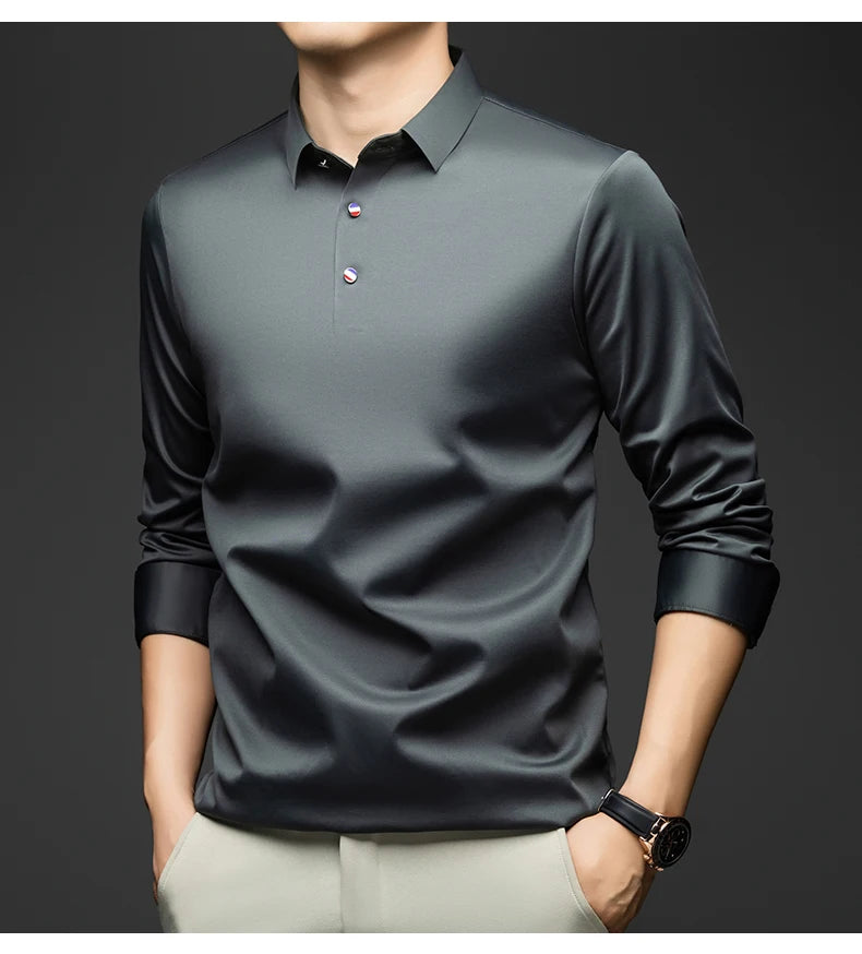 BROWON 2025 Spring Autumn Casual Work Tops Man Tshirt Long Sleeve Solid Color Soft Elegant Business Mulberry Silk T Shirt Man