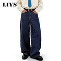 LIYS Trendy Japanese-Korean Jacquard Blue Baggy Straight Leg Jeans American Retro Daily Casual  Wide-leg Denim Pants Unisex