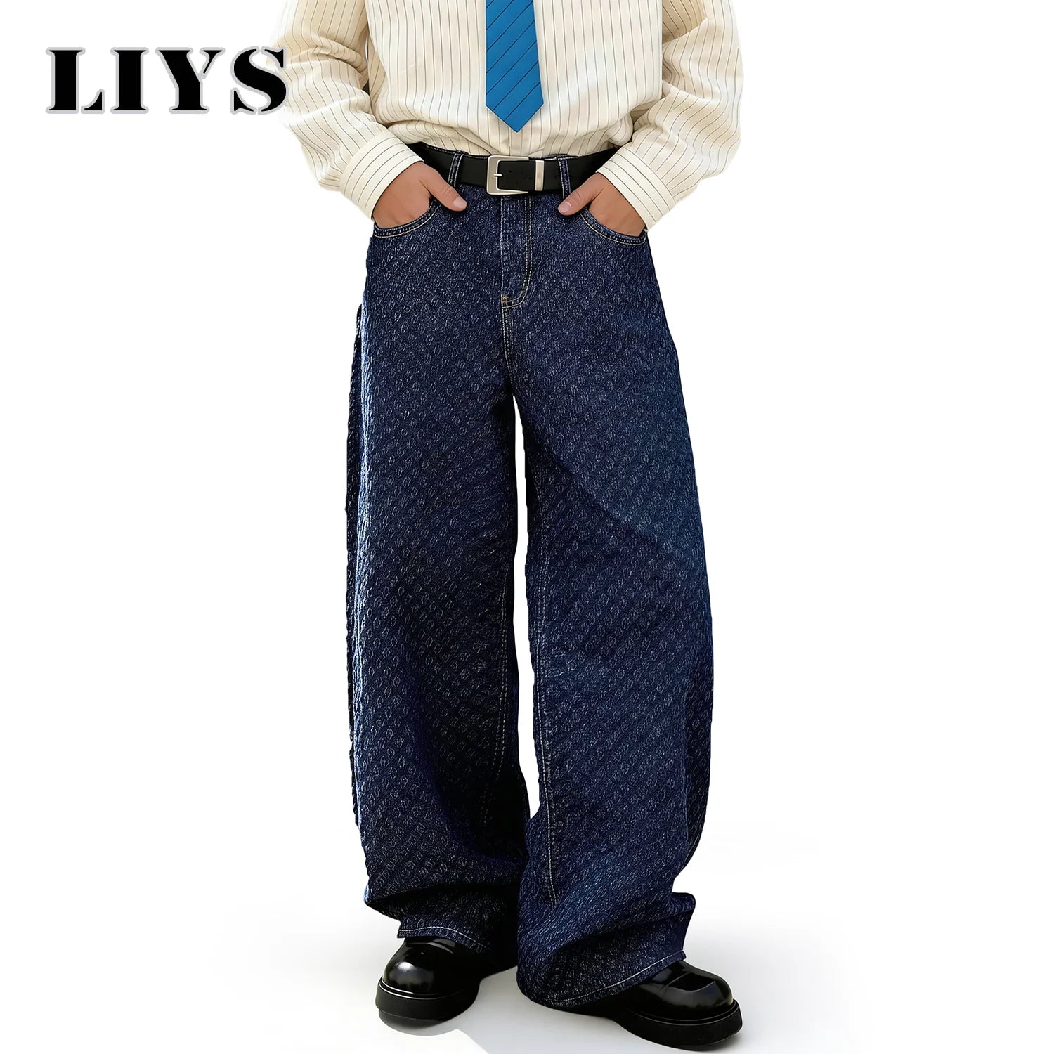 LIYS Trendy Japanese-Korean Jacquard Blue Baggy Straight Leg Jeans American Retro Daily Casual  Wide-leg Denim Pants Unisex