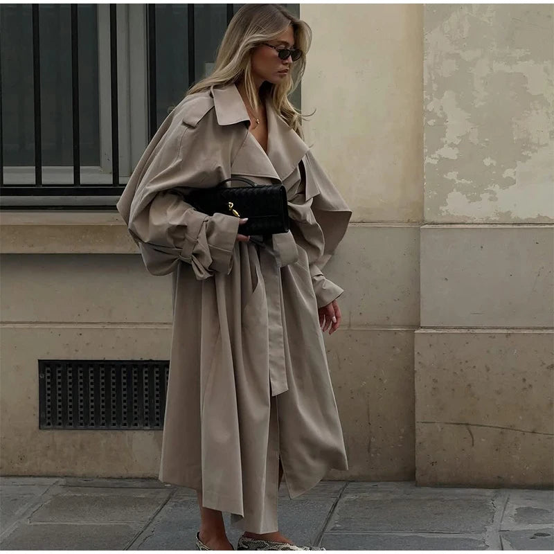 Solid Lace Up Long Trench Coat Women Fashion Full Sleeve Lapel Single Breasted Loose Outerwear 2026 Lady Spring High Street Coat