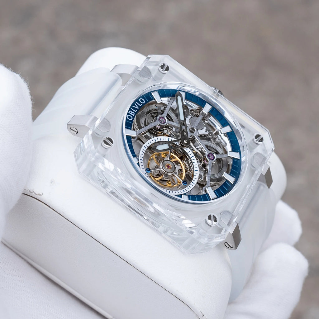 OBLVLO Men's Blue Skeleton Dial Tourbillon Automatic Watch Transparent Square Analog Display And Hollow-out Design BR-TB