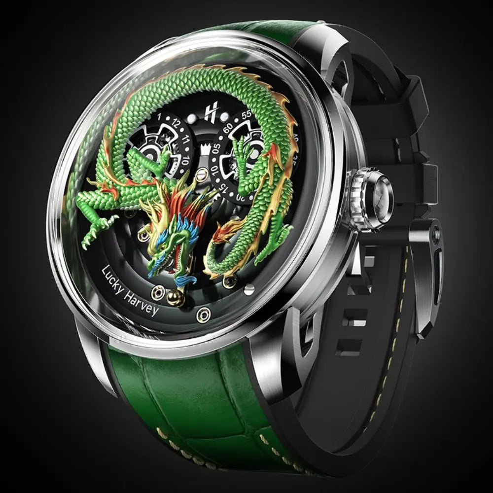 Lucky Harvey Automatic mechanical movement watches for men Synthetic sapphire 3D  Engraving Chinese dragon dial waterproof watch