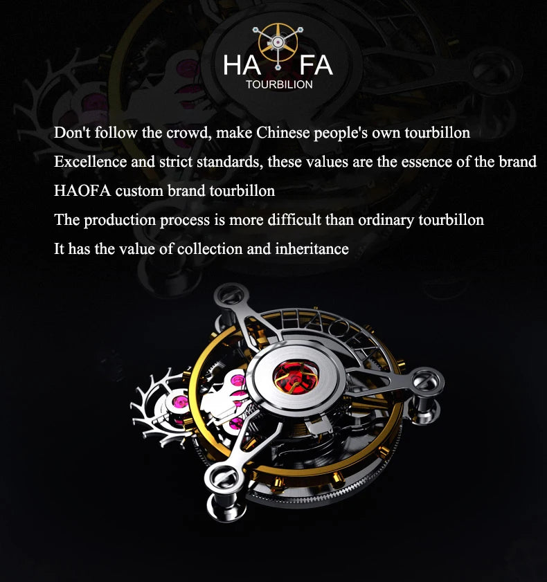 Haofa Tourbillon Watch for Men CNC Classical Texture Engraving Sapphire Manual Skeleton Movement Mechancial Watch Business 1602