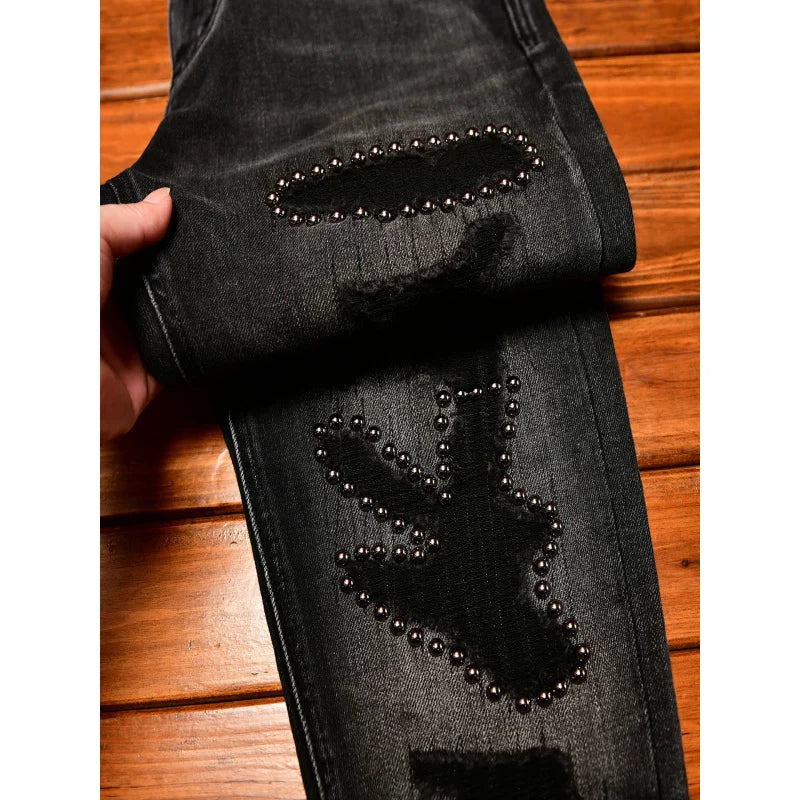 Metal Decor Design Black Jeans Men Trendy Ripped Fashion Retro Nostalgic Street Slim Fit Skinny Pants