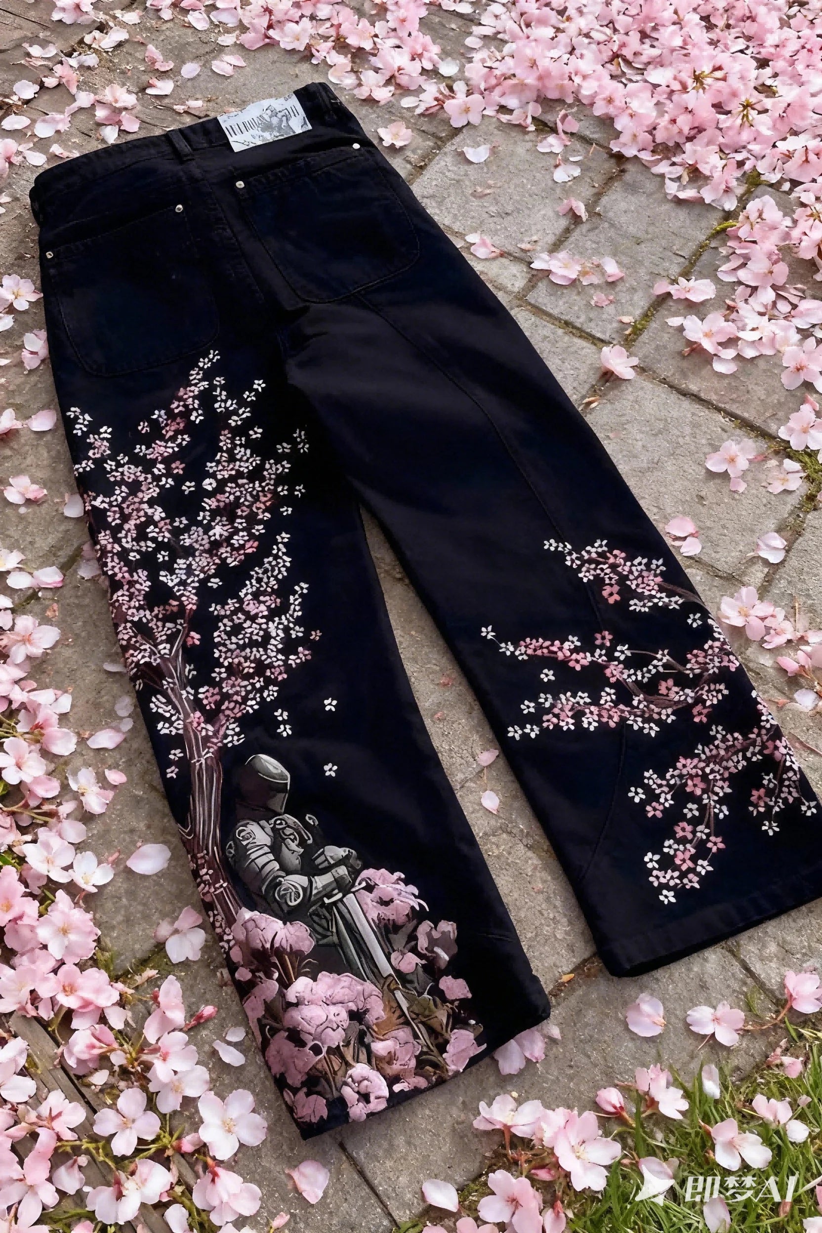 Y2K Japan Cherry Blossom Knight Embroidery Black Baggy Jeans Men High Street Vintage Hip Hop Fashion Couple Wide-leg Denim Pants