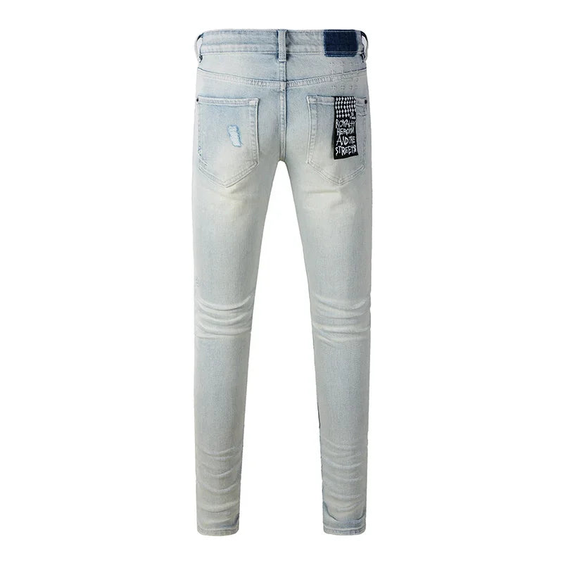 Men's High Street Distressed Light Indigo Stretch Skinny Button Fly Ripped Jeans Pants