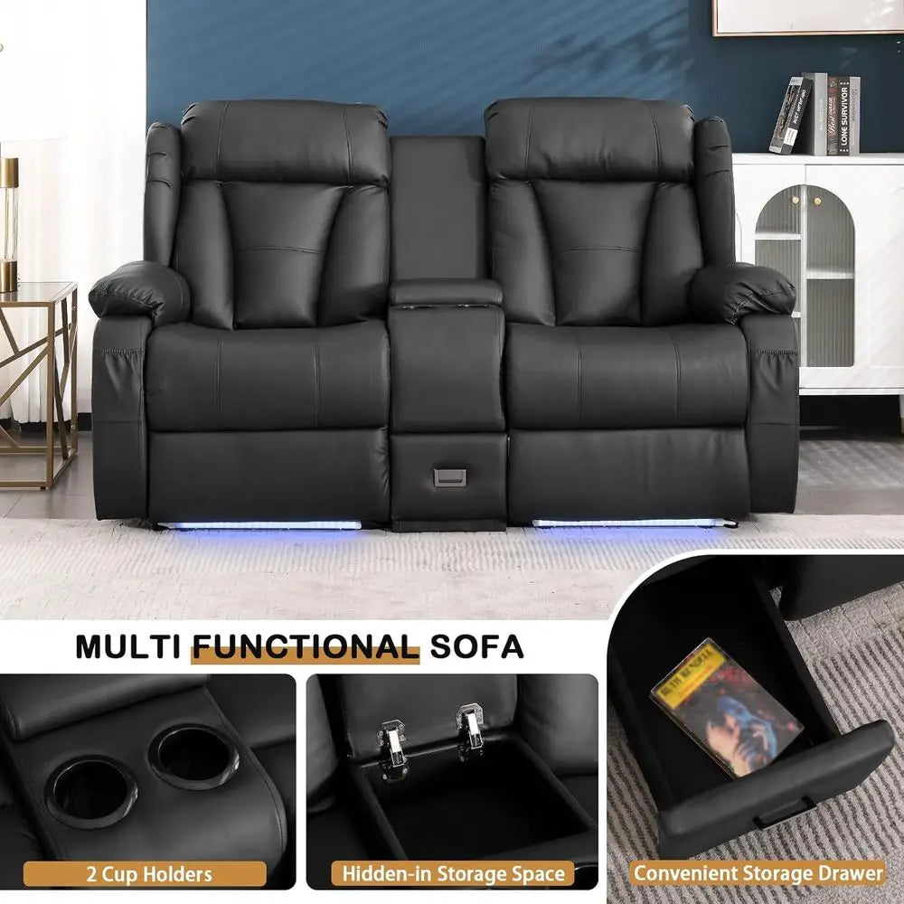 66 Power Reclining Loveseat Sofa with Home Theater Features, USB/Type-C Ports, Storage, Cup Holders, and LED Lights for RVs and