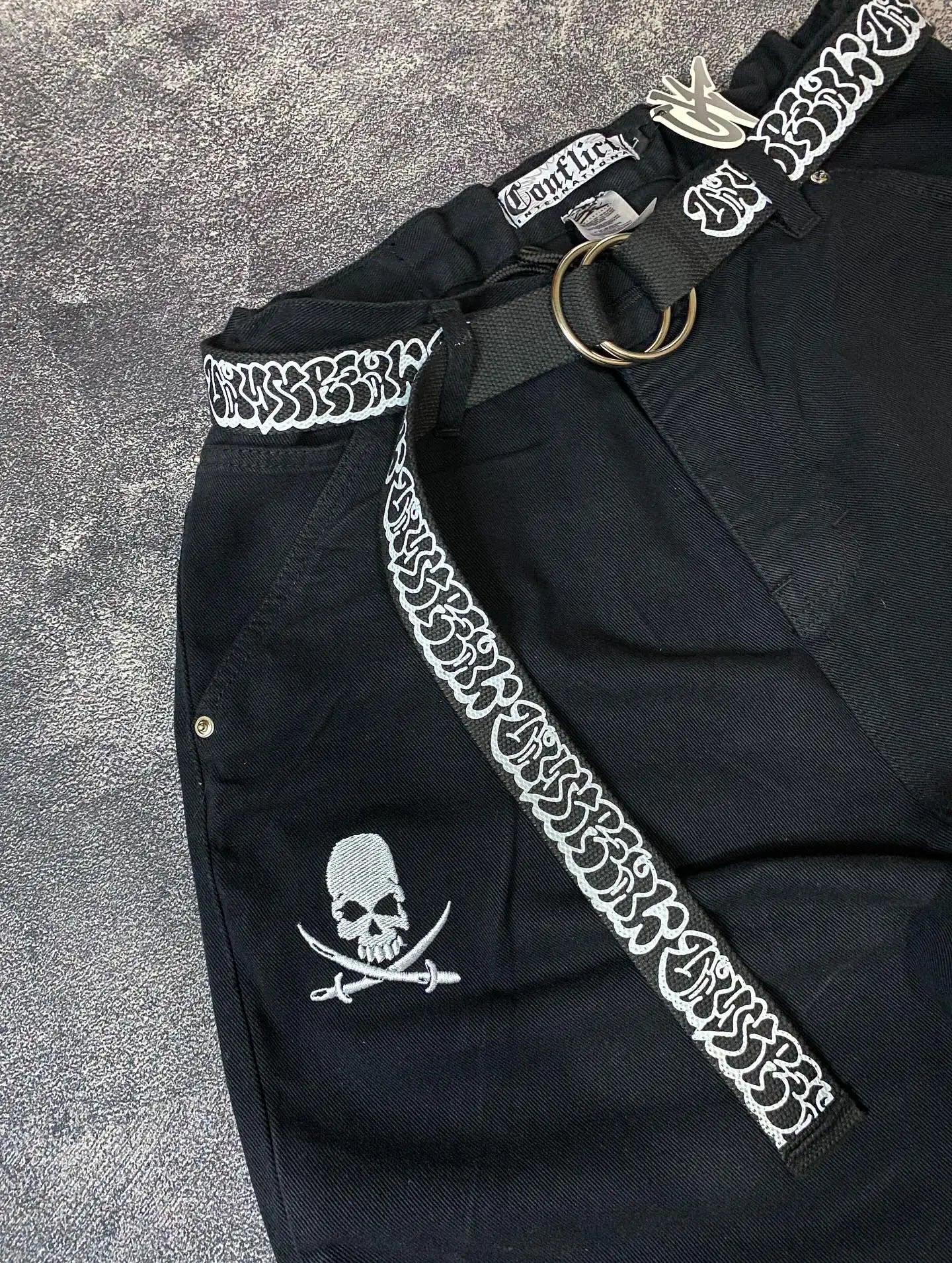 Punk Dark Style Skeleton Jeans Autumn High Street Harajuku Anime Cartoon Printed Wide Leg Pants 2025 Fashionable Oversized Pants