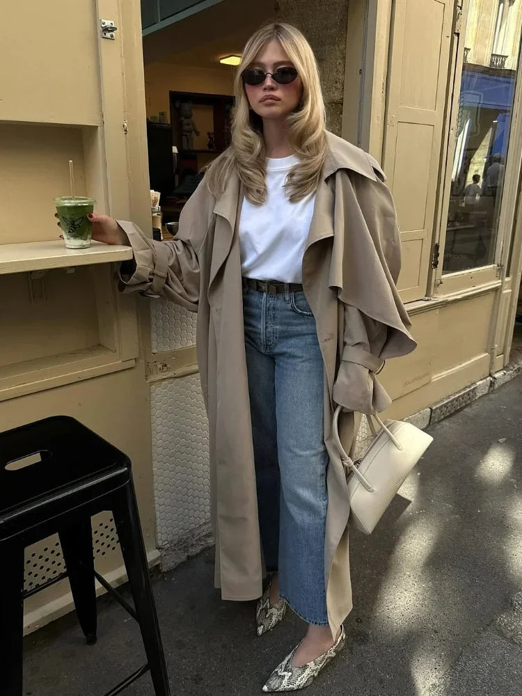 Solid Lace Up Long Trench Coat Women Fashion Full Sleeve Lapel Single Breasted Loose Outerwear 2026 Lady Spring High Street Coat