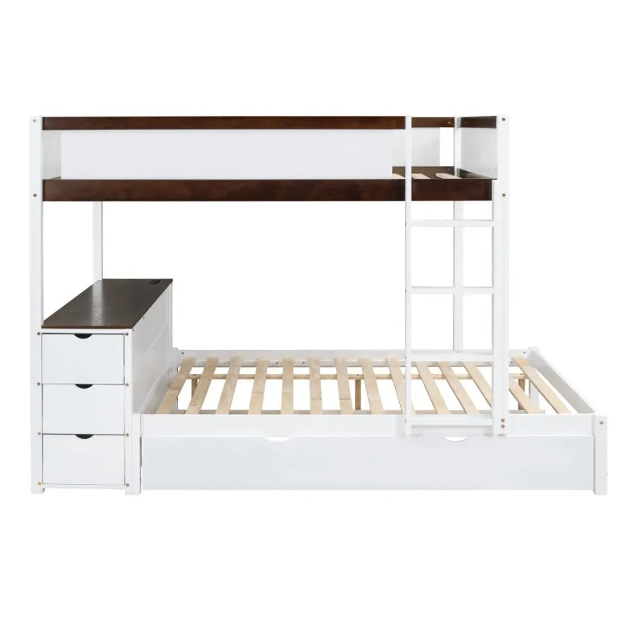 Full-Over-Full Bunk Bed with Twin size Trundle Storage and Desk White+Walnut