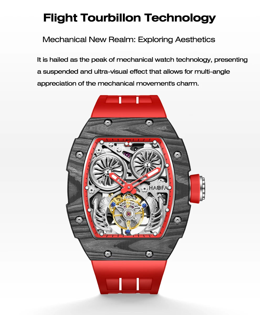 Haofa Double-Spring Drive Flying Automatic Tourbillon Man Watch Mechanical Tourbillon Carbon Fiber Men's Watch Skeleton 1922