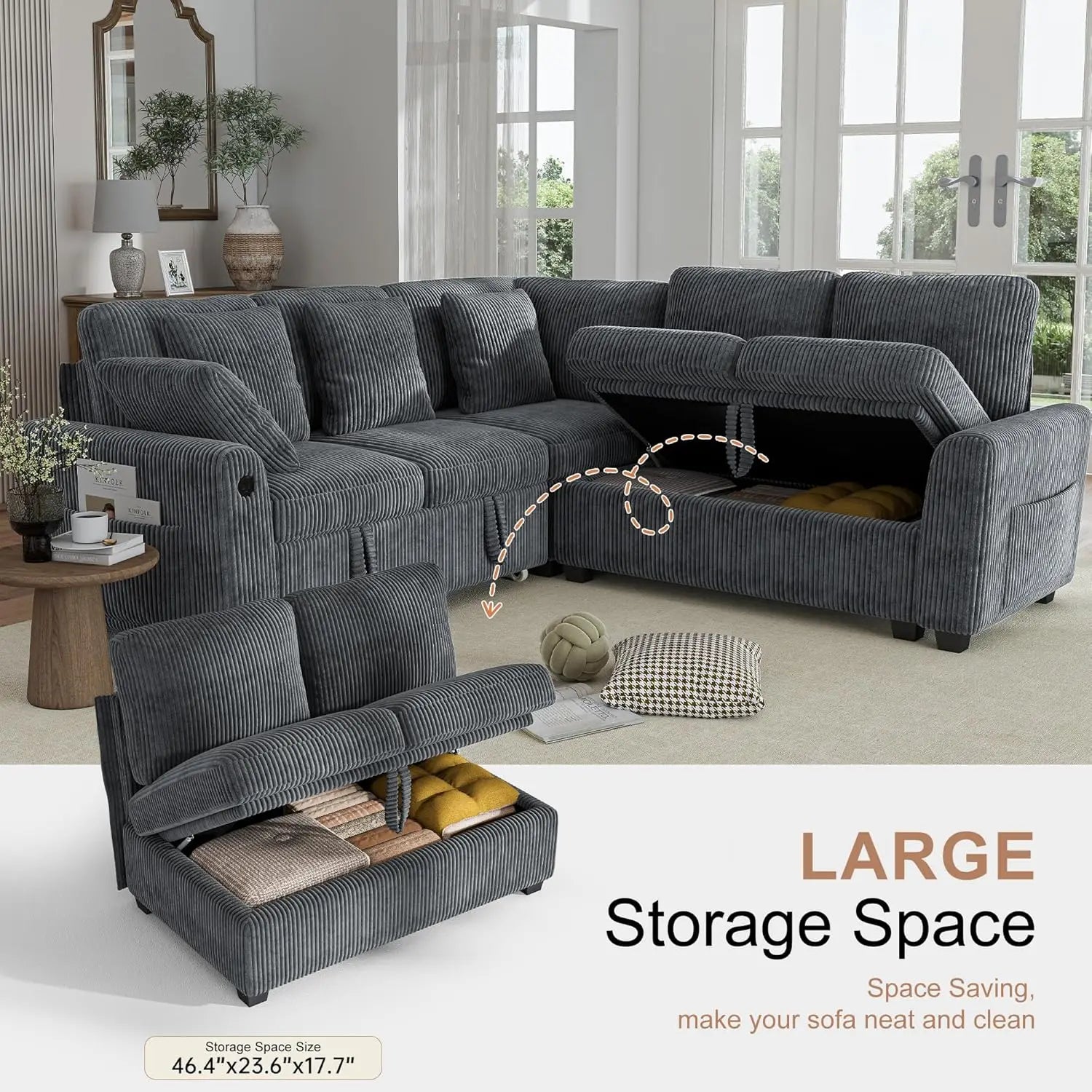 L Shaped Sectional Sleeper Sofa with Pull Out Bed Storage USB Charging Living Room Apartment, Custom