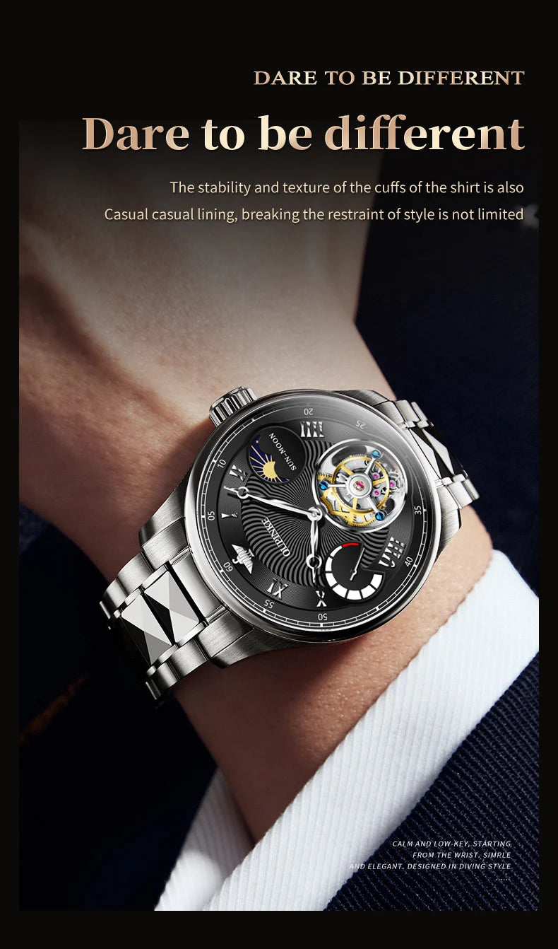 OUPINKE Men's Watch Top Luxury Fashion Original Tourbillon Mechanical Watch for Man Leather Strap Sapphire Mirror Moon Phase
