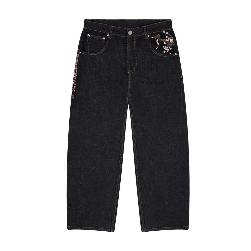 Y2K Japan Cherry Blossom Knight Embroidery Black Baggy Jeans Men High Street Vintage Hip Hop Fashion Couple Wide-leg Denim Pants