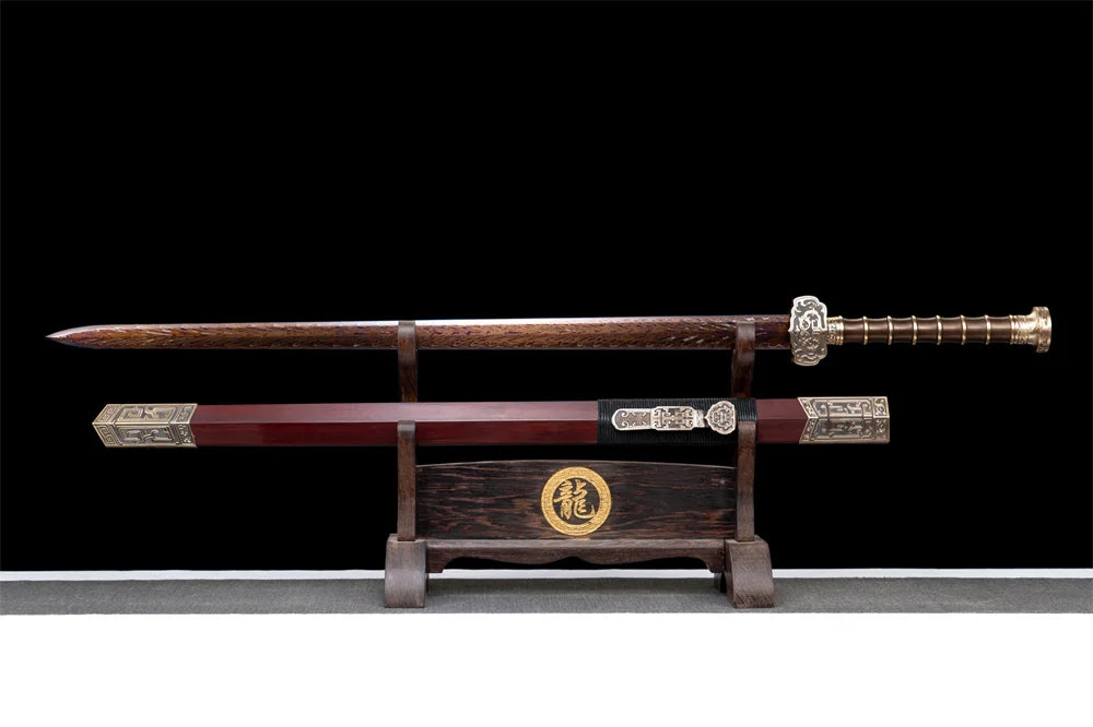 Very Good Chinese Jian Han-Jian Sword Handmade Feather Pattern Damascus Steel Blade Full Tang Ebony Sheath Copper Brass Fittings
