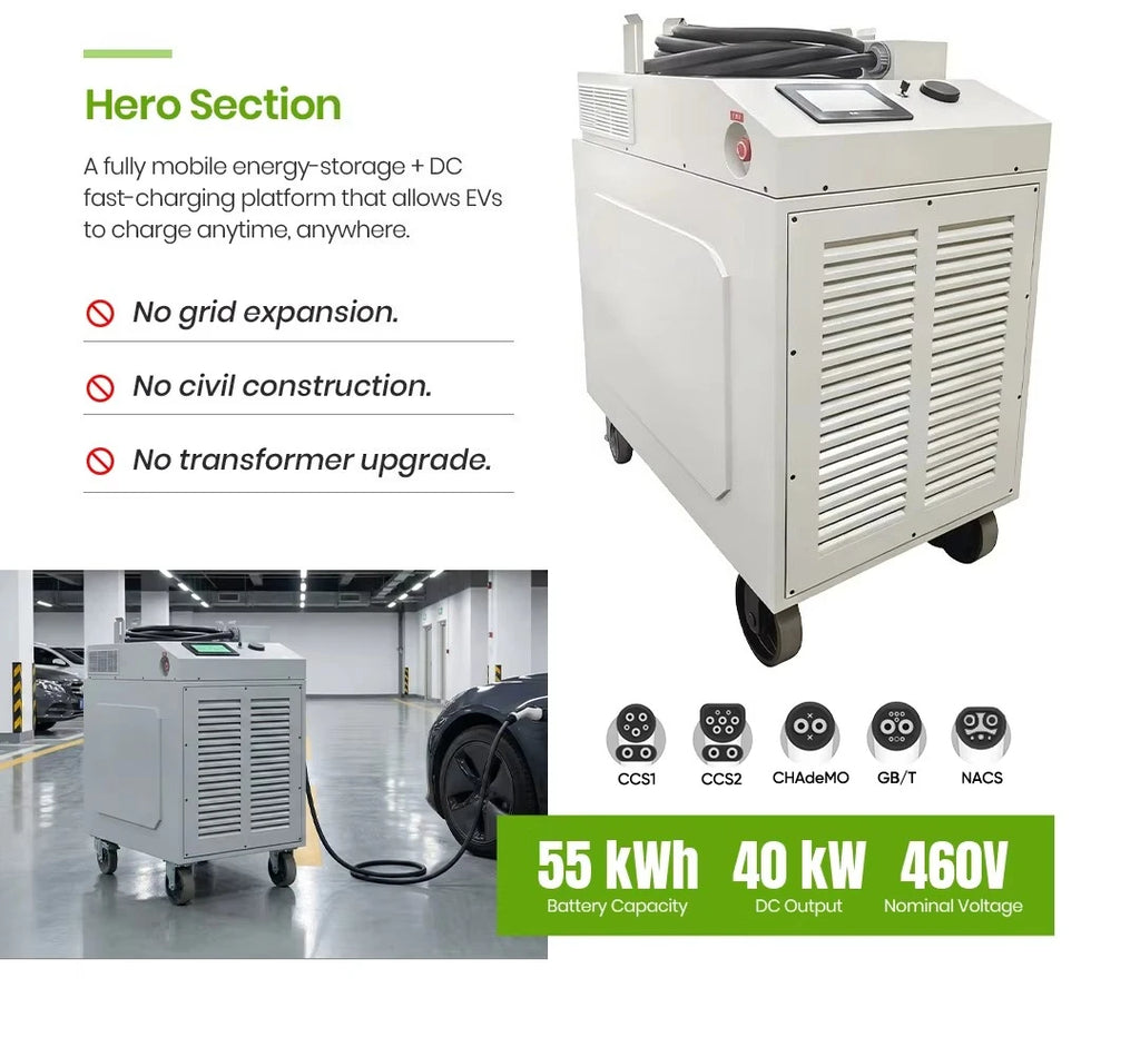 Sale 40kw Mobile EV Charger Station Integrated 55kwh Energy Storage System Power Bank for Electric Car
