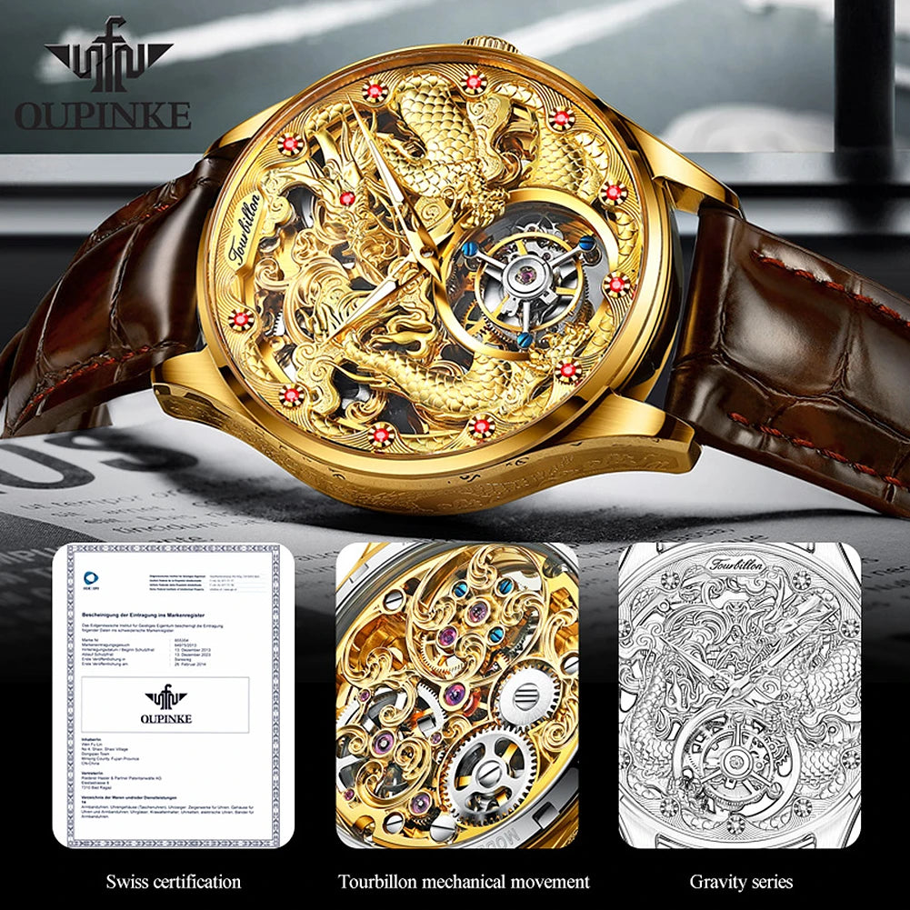 100% OUPNKE 3176 Authentic Tourbillon Men Watch Luxury 3D Relief Golden Dragon Watch Original Mature Automatic Mechanical Watch
