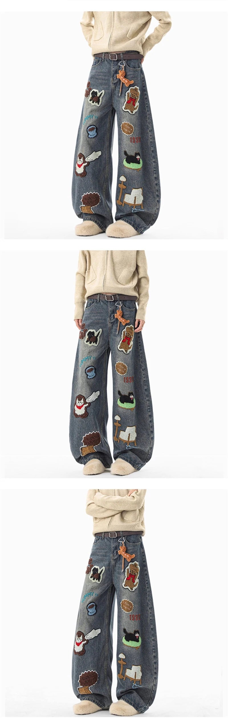 Hip Hop Cartoon Graffiti Graphic Appliques Baggy Jean Man Casual Embroidered Straight Wide-Leg Denim Pants Y2K Streetwear Jeans