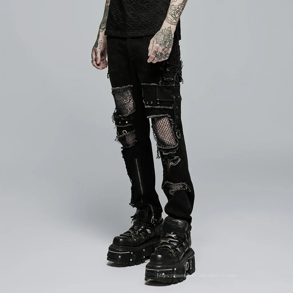 PUNK RAVE New Men's Punk Rock Broken Hole Net Black Long  Trousers Gothic Casual Male Motocycle Cotton Denim Pants Visual Kei