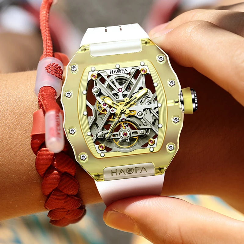Haofa Crystal Case Automatic Man Watch 72H Power Model Skeleton Dial Self Wind Mechanical Movement Wristwatch Luxury 2203