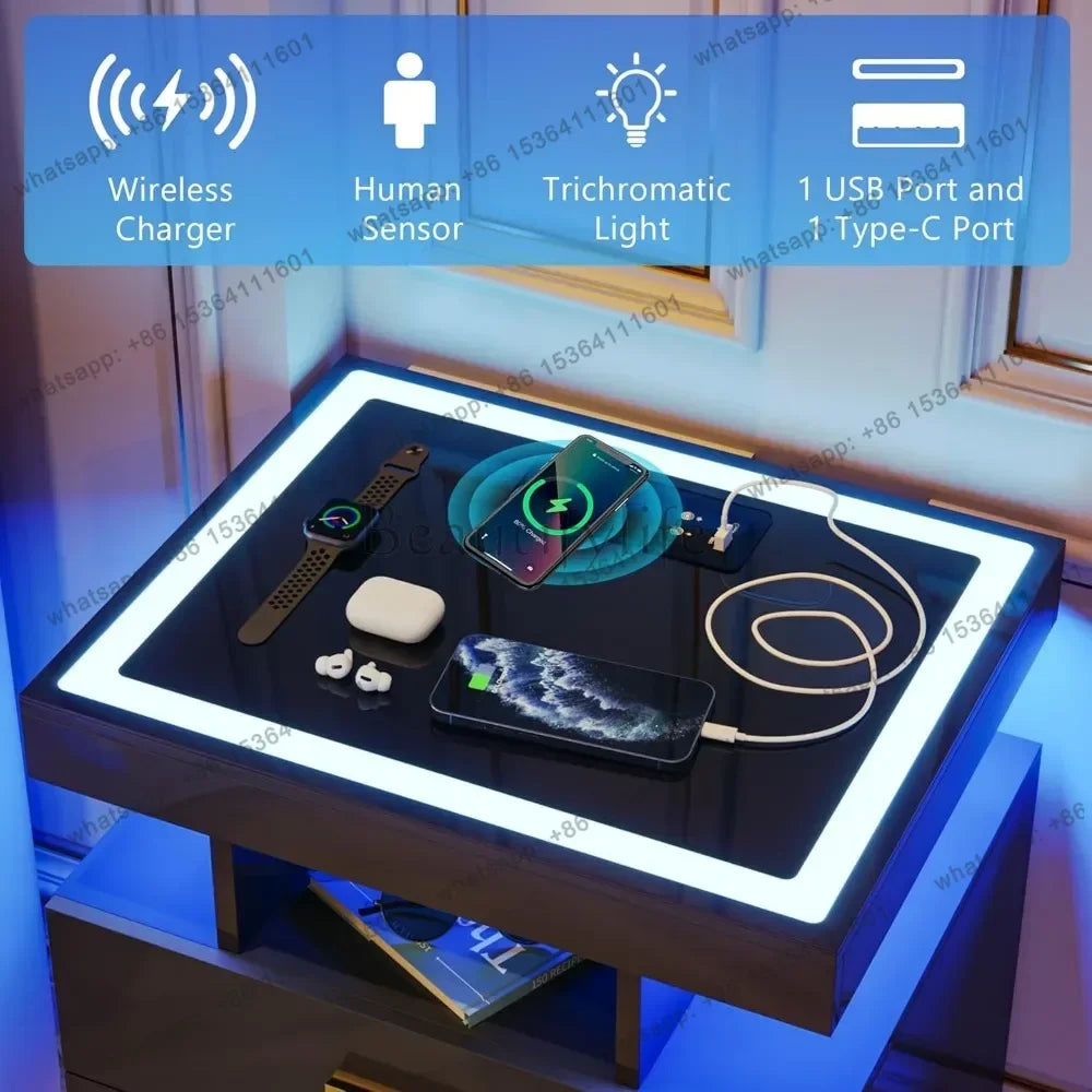 D06Modern Bedside Table 2 Set Nightstands with Wireless Charging Station, Auto Sensor 3 Color Dimmable LED Night Stand