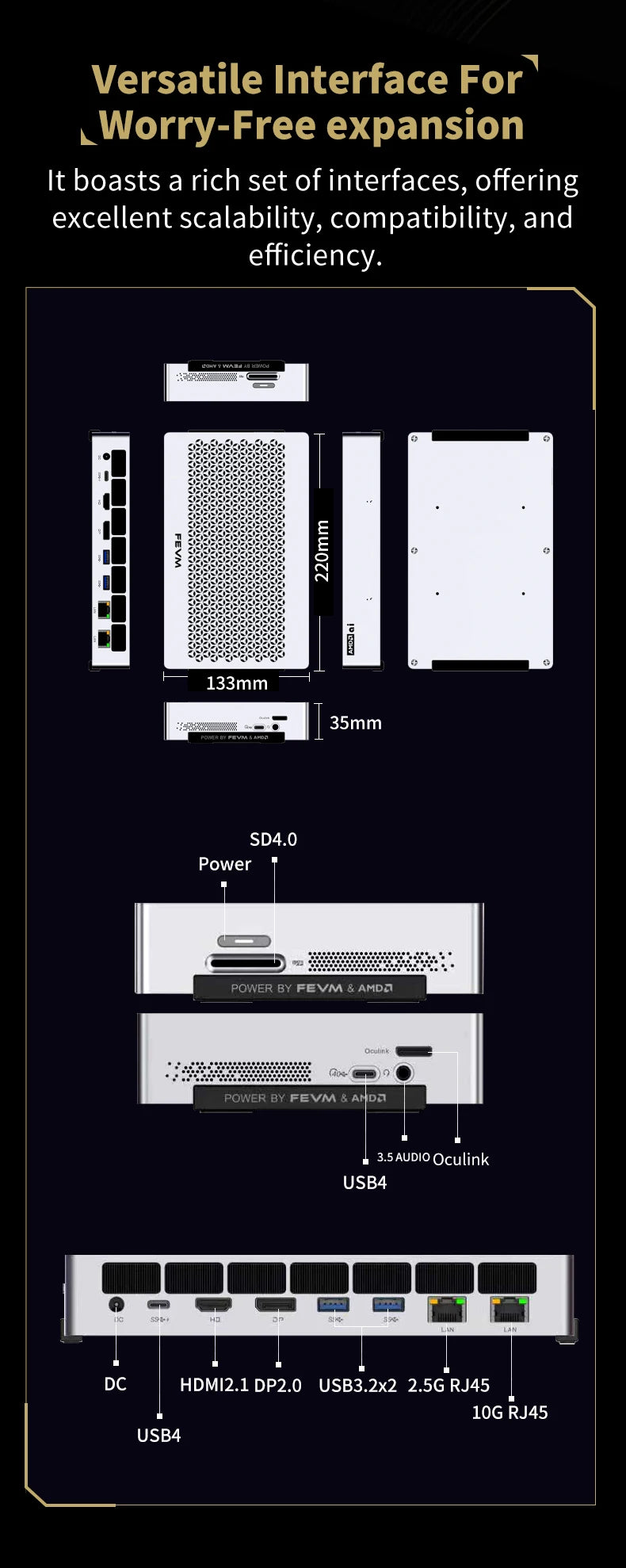 FEVM FAEX1 AMD Ryzen Al Max+ 395 MINI PC Radeon 8060S LPDDR5X 128GB 3*M.2 SSD WIIF7 BT5.4 10G Lan 2*USB4 Oculink Gaming Computer
