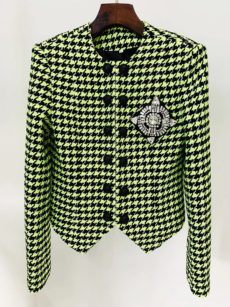 HIGH STREET Newest 2026 Fashion Designer Women's Lion Buttons Logo Beaded Houndstooth Tweed Jacket