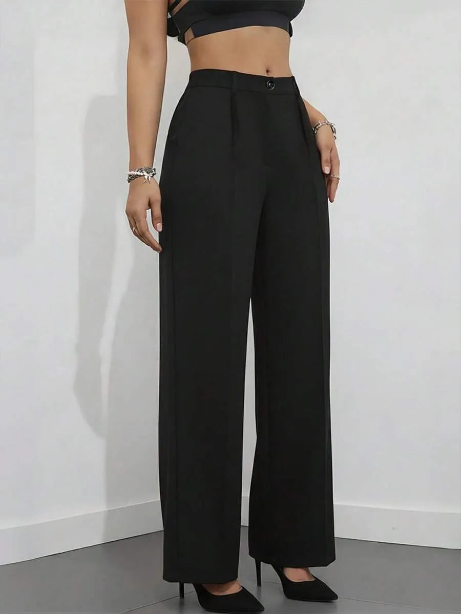 European and American cross-border spring and autumn fashion solid color casual high-waist loose work trousers with pockets