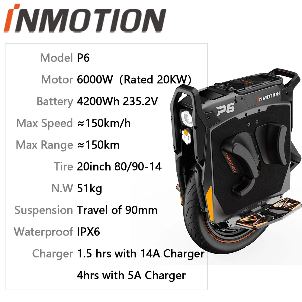 INMOTION P6 4200Wh 235.2V Battery 6000W Motor Electric Unicycle IPX6 Waterproof 150km/h Speed 150km Range 20inch 80/90-14 Tire