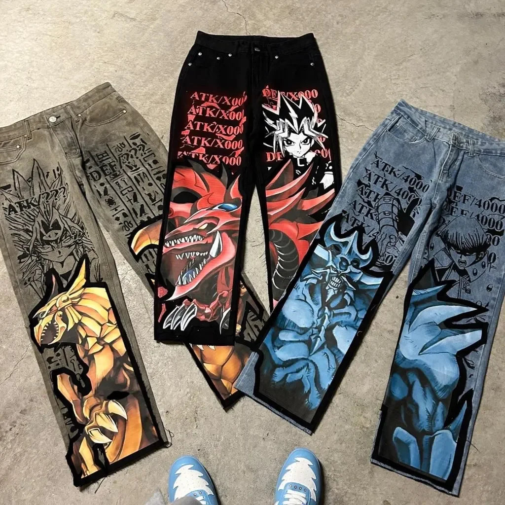 Harajuku high street y2k baggy jeans vintage wide leg denim pants popular anime jeans streetwear couples trouser men clothing