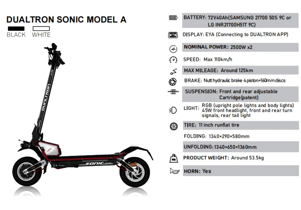 Dualtron Sonic Alien 72V 40Ah EVA Display with Anti-theft Control Dual Motor 2500W*2 Top Speed 100km/h with GPS Function Scooter