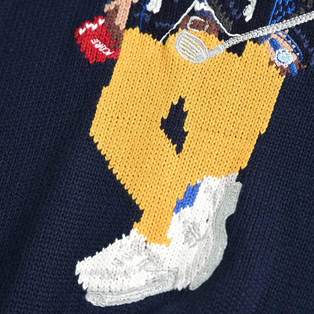 Couples Knitted Cotton Sweater Long Sleeve round Neck Thick Needlework Cartoon Bear Design Casual Youthful Style Cotton Knitwear