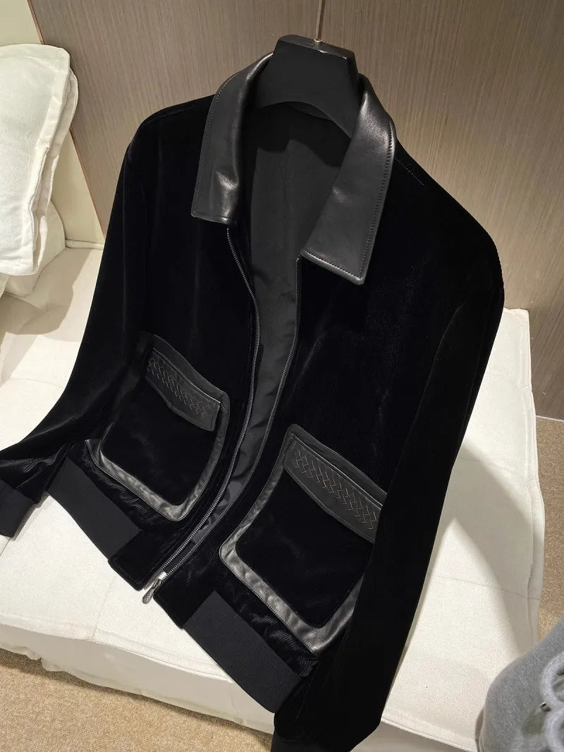 Design Business Mens Velvet Jacket Zipper Spliced Genuine Leather Casual Outerwear Loose Fit Long Sleeve Spring Autumn Men Coats