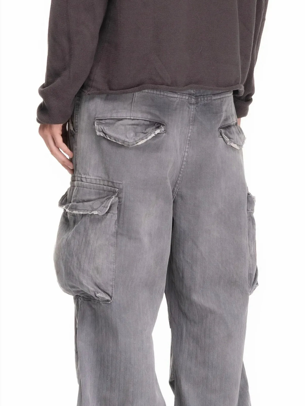 No faith studios herringbone twill grey ripped patch paint multi-pocket overalls