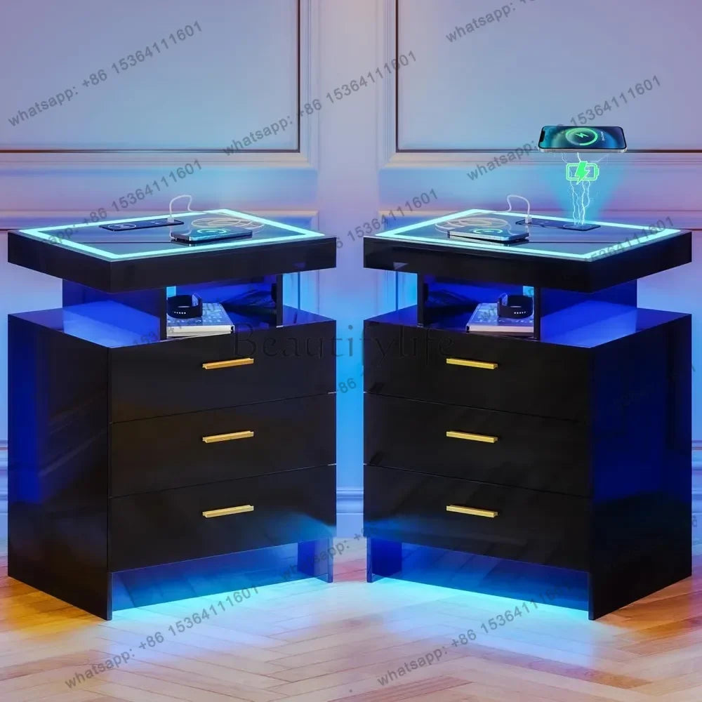 D06Modern Bedside Table 2 Set Nightstands with Wireless Charging Station, Auto Sensor 3 Color Dimmable LED Night Stand