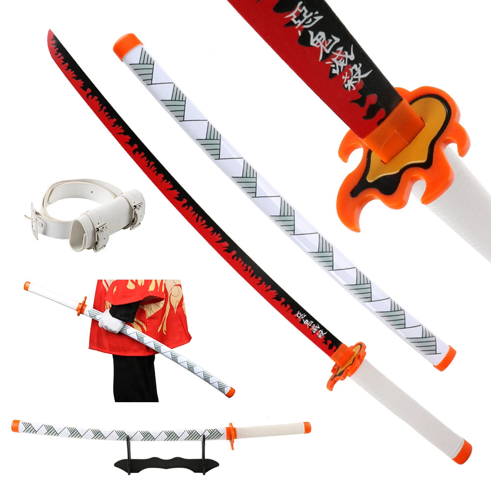 104cm Anime Slayer Katana Sword Kimetsu no Yaiba Wooden Cosplay Anime Weapons Sword Toy Katanas with Display Stand and Belt