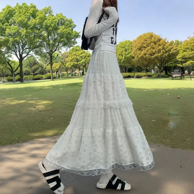 Lace Skirts Women French Style Ankle-length High Elastic Waist Hollow Out Patchwork New Loose Slim Korean  A-line Sweet Fit